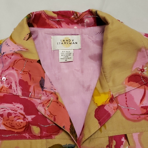 Sandy Starkman Cotton Floral Jacket Tan Pink Women's Medium M - Picture 3 of 8